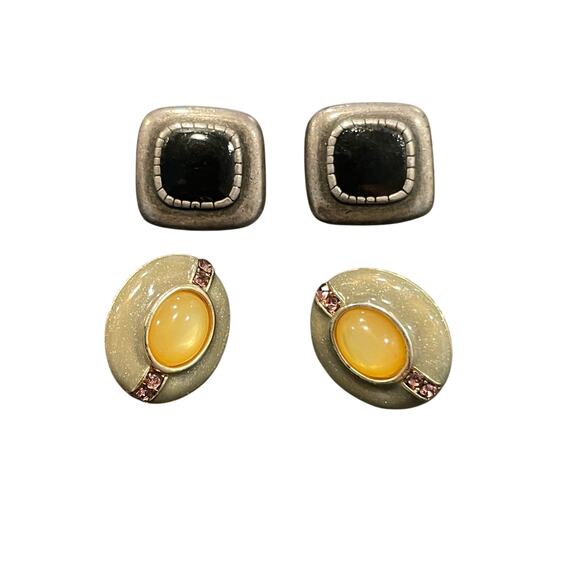 Vintage Fashion pierced LOT earrings Modernist black faux stone oval beige - Picture 1 of 5